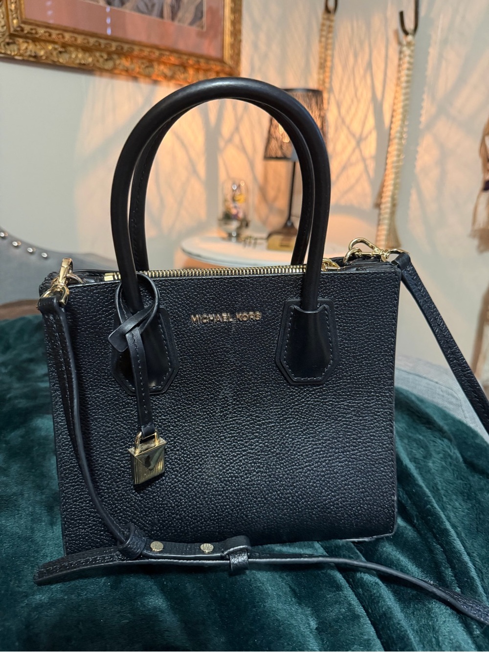 Michael Kors Black Pebbled Leather Satchel with Gold Hardware